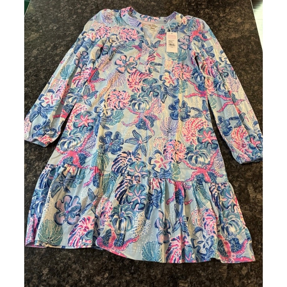 Lilly Pulitzer Alyssa Long Sleeve Dress Blue Pink Floral Ruffle Hem Mini XXS - Picture 4 of 7